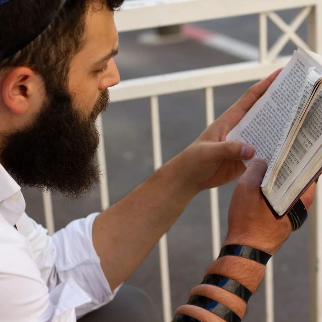 A man wearing tefillin reads from a Hebrew book